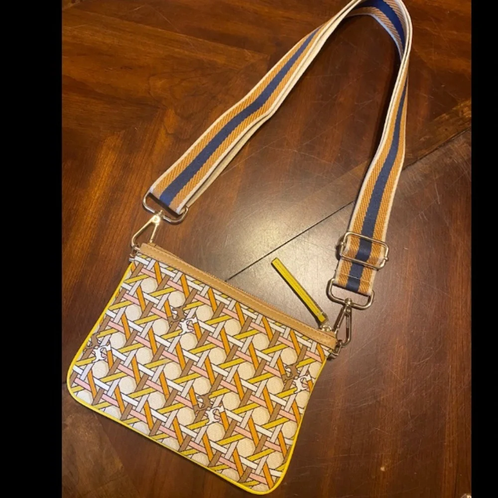 Tory Burch Floral Crossbody Bag with Striped Strap - Orange, Blue & Brown - Picture 3 of 8